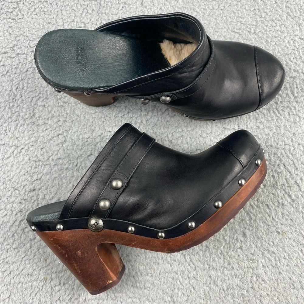 UGG Australia Jolene Heeled Clogs Black Leather Wood Shear Silver Studs Womens 7 - Picture 16 of 16